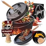 GUSSKÖNIG Dutch Oven Set - Eingebrannter Dutch Oven 9 Liter - Feuertopf aus Gusseisen ohne Füßen - Schmortopf Doppelfunktion - inkl. 2in1 Deckelheber, Bürste & Dutch Oven Rezeptbuch [für 4-7 Personen]