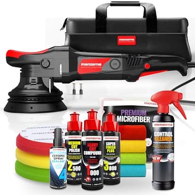 Menzerna Auto Politur Set | Exzenter Poliermaschine MZ-XR mit 125mm Stützteller + 3 x 100ml Politur + 3 x Polierpad + Poliertücher + Sprühversiegelung | 15mm Hub 720W
