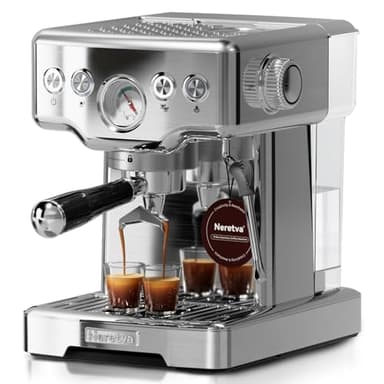 Neretva Siebträgermaschine, Edelstahl Espressomaschine 15 Bar Professionellem Siebträger Kaffeemaschine mit Leistungsstarker Milchaufschäumer, Sichtbares Manometer, 1,8L-Tank, inkl. Barista-Kit