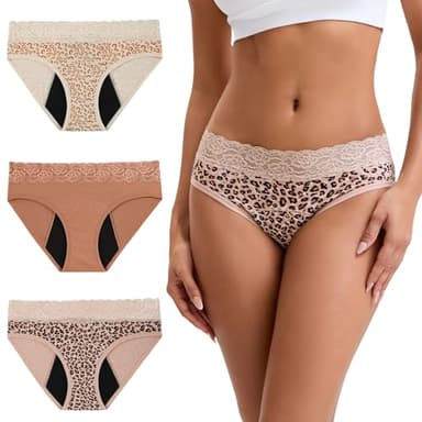 INNERSY Periodenunterschwäsche Spitze Menstruation Unterwäsche Baumwolle Periode Slip 3er Pack (L, 1 Rotbraun/2 Leopard)