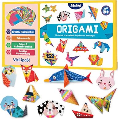 AluAbi Das Bunte Origami Kit für Kinder Ab 5 - 152 Blätter Papier, 72 Muster Mit Bastelanleitung Buch (14x14 cm)