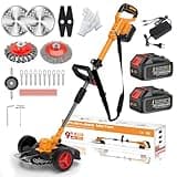 Rasentrimmer mit Akku und Unkrautbürste, Akku Rasentrimmer mit 2 Akku 4.0Ah, 21V Bürstenloser Freischneider, Elektro Motorsense, 5 Klingentypen, 23cm Schnittbreite