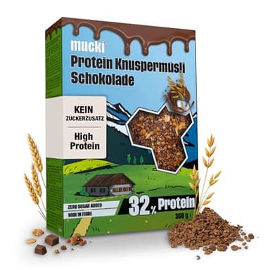 mucki Protein Knuspermüsli mit Schokolade 360g Single Pack – Hochwertiges Protein Müsli ohne Zucker – Proteinreiches Schokomüsli mit 32% Proteingehalt, Haferflocken, Sojacrispies und Ballaststoffen
