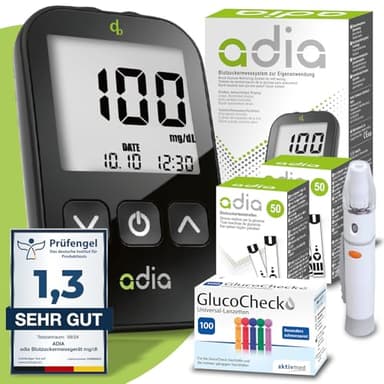 Maxi-Sparset adia Blutzuckermessgerät (mg/dL) + 110 Blutzuckerteststreifen, 110 Lanzetten, 1 Stechhilfe, 1 Etui, zur Blutzucker-Selbstkontrolle bei Diabetes
