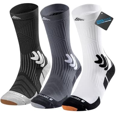 Lounwee Coolmax Kompressions Laufsocken für Herren: Crew Sportsocken mit Belüftungsnetz Schweißableitend for Wandern Sport 3 Pack Größe 43-46