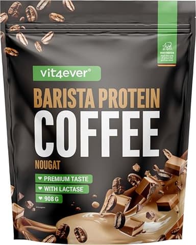 vit4ever Barista Protein Coffee – Cremiger Protein-Kaffee mit echtem Kaffee & Koffein, wenig Zucker & Fett – 908 g, Nougat