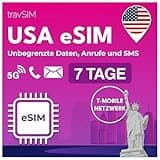travSIM USA eSIM | T-Mobile Netz | Unbegrenzte Daten, Anrufe & Texte in den USA | e SIM Amerika funktioniert auf eSIM kompatiblen iOS & Android Geräten | e SIM Karte USA 07 Tage