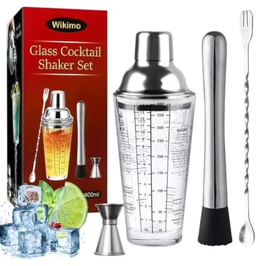 Wikimo Cocktail Shaker, 400ml Professional Glas Cocktail Set, Cocktailshaker Zubehör Messbecher Coctail Mix Set für Mojito, für Zuhause oder die Bar