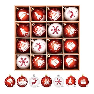 WEARXI Weihnachtskugeln - 16pc 6cm Christbaumkugeln Kunststoff Rot Weiß, Weihnachtskugeln Kunststoff, Weihnachtsdeko mit Aufhänger, Weihnachtsbaumkugeln für Klassische Weihnachtsbaumschmuck Rot Weiß