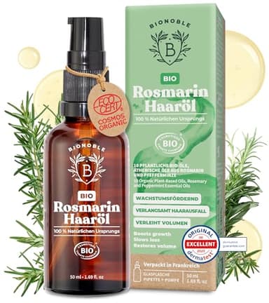 BIONOBLE Rosmarinöl Haare Bio - Fördert Haarwachstum, Verlangsamt Haarausfall, Kopfhaut Öl - Hair Oil mit Rosmarin Öl und Rizinusöl - Rosemary Oil for Hair Growth - Glasflasche, Pipette, Pumpe - 50ml