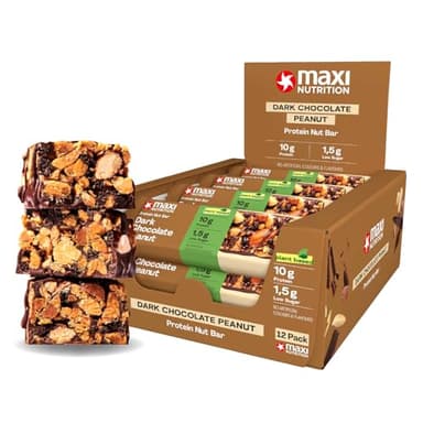 MaxiNutrition Dark Chocolate Peanut Nussriegel vegan 12x46g – Protein Riegel aus ganzen Nüssen mit 22% Protein, plant based, ohne Zuckerzusatz, ohne künstliche Aromen