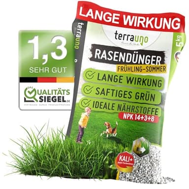 TerraUno Rasendünger Frühjahr/Sommer I Sofortwirkung für saftiges grün I 20 kg für 1000 m² I gesunder Rasen verdrängt Moos und Unkraut I NPK Dünger Rasen I Gegen Trockenstress I Für den Streuwagen