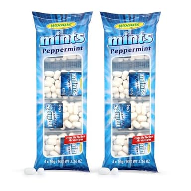 Woogie Mints Peppermint 2er Pack – Erfrischende Pfefferminz-Zuckerdragees im praktischen Mini-Format – 2x4 Döschen à 16g – Ideal für unterwegs, Büro & Auto – Intensiver Minzgeschmack für frischen Atem