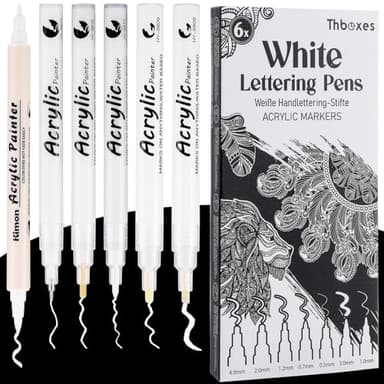 Thboxes 6 Stück Weiße Acrylic Marker, Weißer Stift Wasserfest Acrylstifte Schnelltrocknend Acrylmarker Stifte mit Fineliner Brush Pen Kalligrafie Stift für Schwarzes Papier Holz Glas