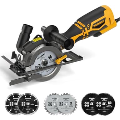 DOVAMAN Mini Handkreissäge, 710W 115mm Handkreissäge w/Laser, 3500RPM, Metall-Hilfsgriff, 43mm (90°), 29mm (45°) Schnitttiefe, 6 Sägeblätter, ideal für Holz, Weichmetall, Kunststoff, Fliesen–MCS01A