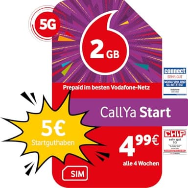 Vodafone Prepaid CallYa Start | 2 GB | 5 EUR Startguthaben | ohne Vertrag | 5G-Netz | Telefon- SMS-Flat | EU-Roaming