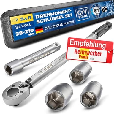S&R 1/2 Zoll Drehmomentschlüssel Auto Set 28-210 Nm, Drehmomentschlüssel Motorrad 475 mm, Verlängerung 125 mm, 3 Stecknüsse 17, 19, 21 mm; Kfz Reifenschlüssel TÜV geprüft GS bruchfest Nüsse