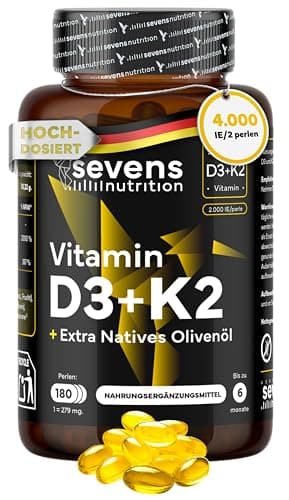 Vitamin D3 K2 MK7 – 4000 IE + 200 µg - Hochdosiert, optimal bioverfügbar - ohne unnötige Zusätze - mit Extra Vergine Olivenöl - 180 Kapseln - Sevens