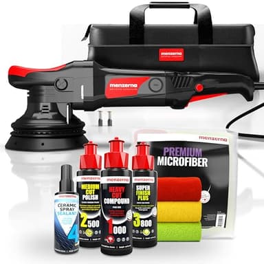 Menzerna Auto Politur Set | Exzenter Poliermaschine MZ-XR mit 125mm Stützteller + 3 x 100ml Politur + Poliertücher + Sprühversiegelung | 15mm Hub 720W