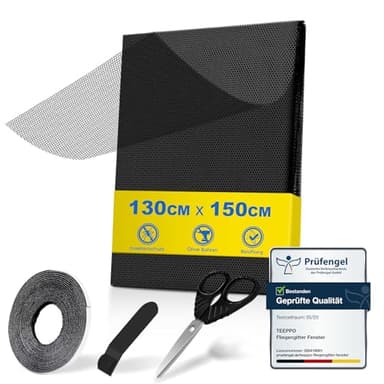 teeppo Fliegengitter Fenster 130 x 150 cm, Insektenschutz Fenster Zuschneidbar mit Klettband Selbstklebend, Fliegennetz ohne Bohren, Moskitonetz Fenster aus Polyester, Kinderleichte Montage【Schwarz】