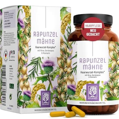 Naturtreu Rapunzelmähne - Haar Vitamine - Biotin & Selen Hochdosiert für deine Haare - Ganzheitliche Unterstützung für die Haarwurzel - Hirse, Gerstengras & Rosmarin - 120 Kapseln für natürliche Haare