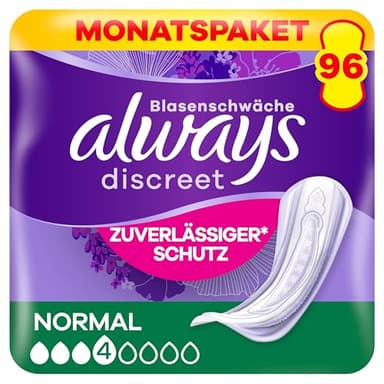 Always Discreet Inkontinenzeinlagen Normal, 96 Binden (4 x 24 Stück) Monatspaket, diskreter Schutz & hohe Saugstärke, geruchsneutralisierend (Verpackung kann variieren)