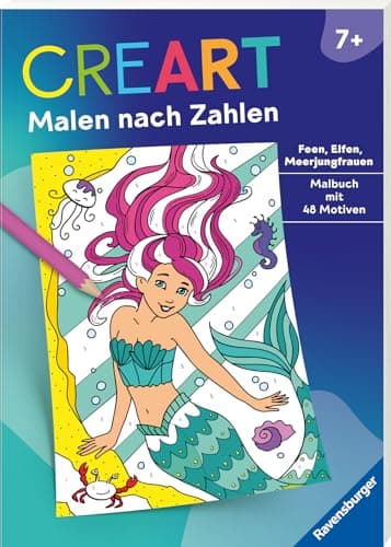 Ravensburger CreArt Malen nach Zahlen ab 7: Feen, Elfen, Meerjungfrauen, Großes Malbuch, 48 Motive