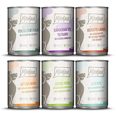 MjAMjAM - Premium Nassfutter für Hunde - Mixpaket II - mit Huhn & Ente, Rind, Pute, Kalb, Truthahn, Lamm, 6er Pack (6 x 400 g), naturbelassen mit extra viel Fleisch
