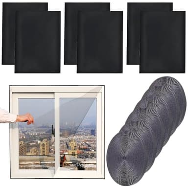 6 Stück Fliegengitter Fenster ohne Bohren,150x130cm Insektenschutz Fenster mit 6 Rollen Selbstklebend,Moskitonetz Fenster,Insektenschutzgitter,Selbstklebend Fliegennetz (Schwarz)