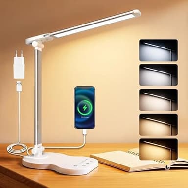 Caldarax Schreibtischlampe LED Dimmbar, Augenschutz Desk Lamp, 5 Farben und 10 Helligkeitsstufen, mit Timer und Touch Steuerung, Tischlampe USB-Anschluss für Lektüre, Büro, Nachttisch, Studie(Weiß)