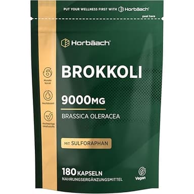Brokkoli Kapseln 9000mg | Hochdosiert Sulforaphan Extrakt | Brokkolisprossen | 6 Monate Vorrat - 180 Vegan Kapseln | Horbaach