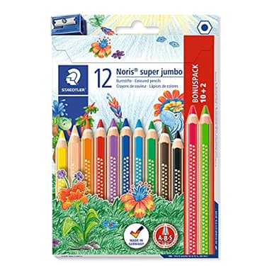 STAEDTLER Buntstift Noris super jumbo, erhöhte Bruchfestigkeit, Sechskantform, ABS-System, attraktive Sternchenprägung, Set mit 12 brillanten Farben und einem Spitzer, 129 NC12P1, 12 Stück (1er Pack)