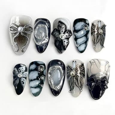 Celblisora 30 Stück Y2K Metallic Handgefertigte Schwarze Press-On-Nägel,Mittellange Mandelform,3D-Blumen,Silberne Wirbel,Schleifen- und Schmetterlingsanhänger,Dunkles Design Serie