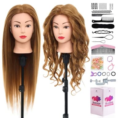 Neverland Frisierkopf 80% Echthaar Friseurkopf 24 Zoll Trainingsköpfe für Friseure Übungskopf Friseursalon Puppenkopf Friseur Mannequin kopf mit Tischhalter + Haar Styling Braid Set