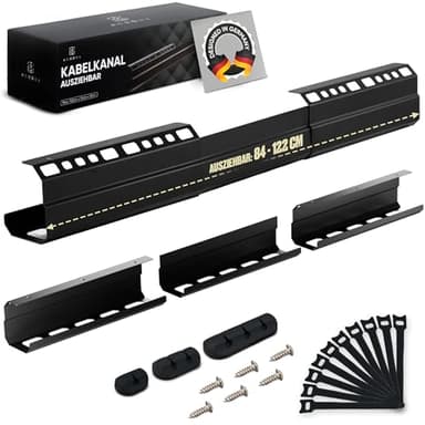Kabelkanal Schreibtisch - 84 bis 122 cm ausziehbare Kabelwanne schwarz - Kabelmanagement Schreibtisch mit Gratis Zubehör - Einfache Montage - Belastbar bis 5 kg