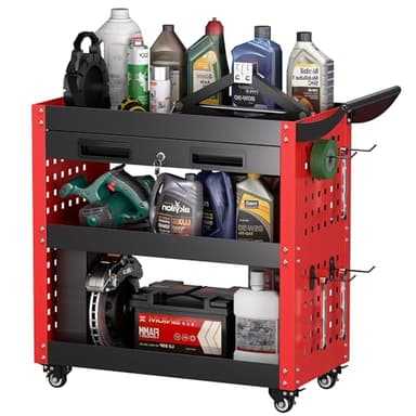 SUPEER Werkstattwagen Werkstatt-Rollwagen Montagewagen 78x35x70 cm,mit Abschließbare Schublade und Pegboard,4-Haken,Werkstätten,Lager Tragkraft 150 kg(Rot)