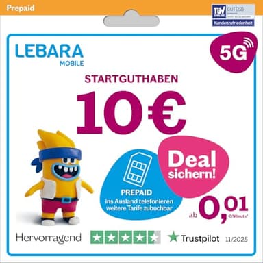 LEBARA Prepaid SIM-Karte mit 10€ Startguthaben ohne Vertrag | ab 1 Cent pro Min. ins Ausland telefonieren | Jetzt mit 5G surfen