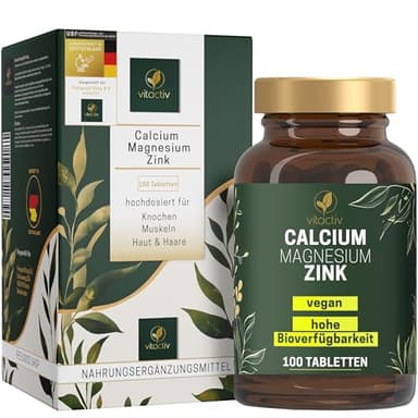 VITACTIV Calcium Magnesium Zink Tabletten - Mineralkomplex hochdosiert für Knochen, Muskeln, Haut & Haare - Calciumcitrat, Magnesiumcitrat und Zinkcitrat - Hohe Bioverfügbarkeit, Vegan - 100 Stück