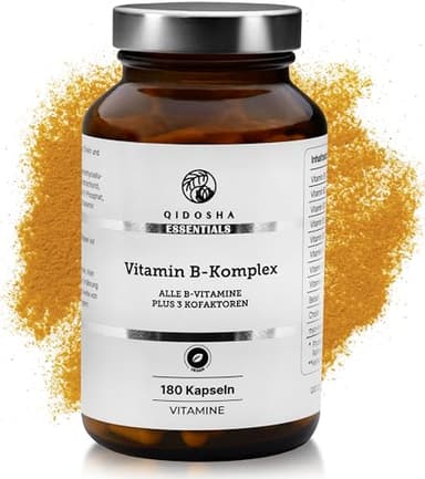QIDOSHA® Vitamin B Komplex ultra-hochdosiert & bioaktiv plus Kofaktoren, 180 Kapseln im Glas, B Vitamine hochdosiert in ihrer bio-aktiven Form, B Vitamine Komplex hochdosiert und aktiviert, vegan
