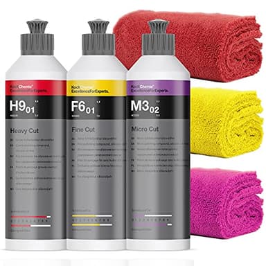 Koch Chemie Politur Set: Heavy H9.02 + Micro Cut M3.02 + Fine Cut F6.01 + 3 detailmate Mikrofasertücher, 40x40cm, 550GSM