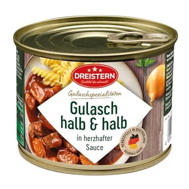 DREISTERN Gulasch 500g – Hausmacherart halb & halb mit Rind- und Schweinefleisch in herzhafter Sauce – Deutscher Klassiker, schnell zubereitet & lange haltbar