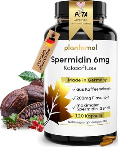 120 Spermidin Kapseln hochdosiert - Spermidin 6mg & Kakaoflavanole mit Vitamin C aus Hagebutte - 2 Monatsvorrat
