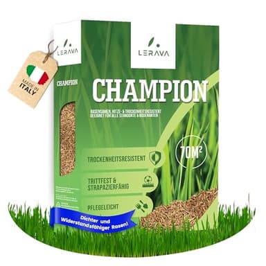 LERAVA® CHAMPION Rasensamen [trockenresistent] – trittfest und strapazierfähiger Grassamen Rasen - resistente Nachsaat Herbst - schnellkeimender Rasensamen Turbo - schnellwachsender Rasensamen - 70m²