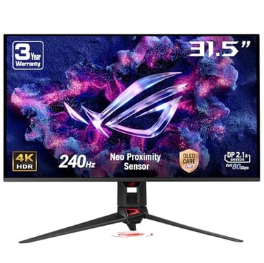 ASUS ROG Swift OLED PG32UCDMR 32 Zoll 4K UHD Gaming Monitor (240 Hz, 0.03ms GtG, G-Sync, FreeSync, AdaptiveSync, 10-bit, DisplayHDR 400, 16:9, 3840x2160, DP 2.1, HDMI 2.1, 90W USB-C, USB-Hub)