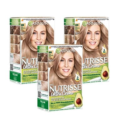 Garnier Nutrisse Dauerhafte Pflege-Haarfarbe mit nährenden Fruchtölen, Coloration mit 8 Wochen Halt, Ultra Crème Tönung, 8N Nude Natürliches Blond