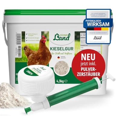 HÜHNER Land Kieselgur für Hühner 4,3kg INKLUSIVE Pulverzerstäuber - Reines Kieselgur Hühner Pulver, Kieselerde Pulver, Naturprodukt für Hühnerstall, Laborgeprüft für Geflügel Betriebe