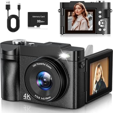 4K Digitalkamera 50MP Autofokus Fotokamera 16X Digitalzoom 2.8'' 180° Flip Screen Fotoapparat mit Selfie Kompaktkamera mit 32GB Karte für Teens Anfänger Erwachsene