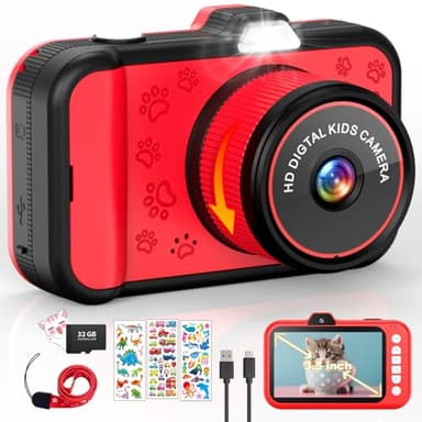 Kinderkamera | 3,5 Zoll großer Bildschirm | 360° drehbares Zoomobjektiv | 1080P HD Kamera für Kinder mit Selfie | LED-Blitz | SD-Karte 32G | Geschenk für Mädchen und Jungen 3 4 5 6 7 8 9 10 11 12