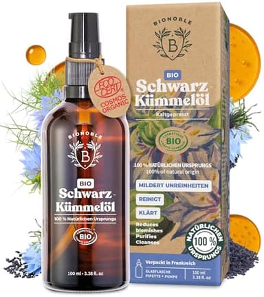 BIONOBLE Schwarzkümmelöl Bio Kaltgepresst - 100% Natürlich, Ohne Hexan - Mildert Unreinheiten - Schwarzkümmelöl Gesicht, Haare, Haut - Vegan Black Seed Oil - Glasflasche, Pipette, Pumpe - 100ml