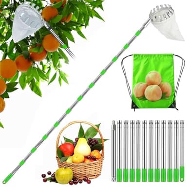 HEYIDAMAI Obstpflücker,Apfelpflücker,Pflückhilfe 453CM,Obstgreifer Einfach zu Montieren,Kirschenpflücker mit Leichter Edelstahl Verlängerung Verbindungsstange und Baumwollbeutel Ø16 cm